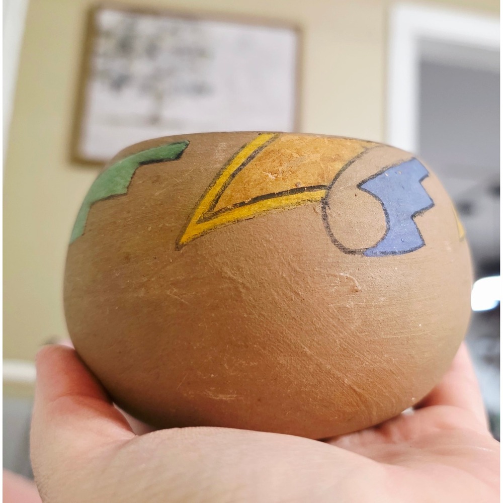Vintage Southwestern Hand Painted Clay Pottery Bowl Geometric Design Terracotta